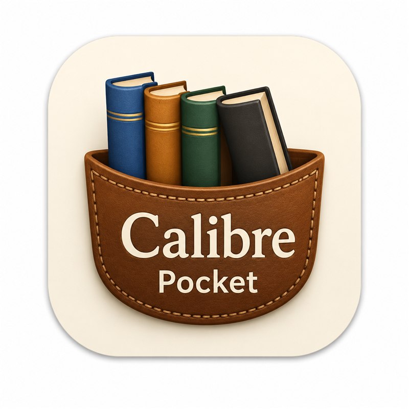 Calibre Pocket app icon — books in a leather pocket