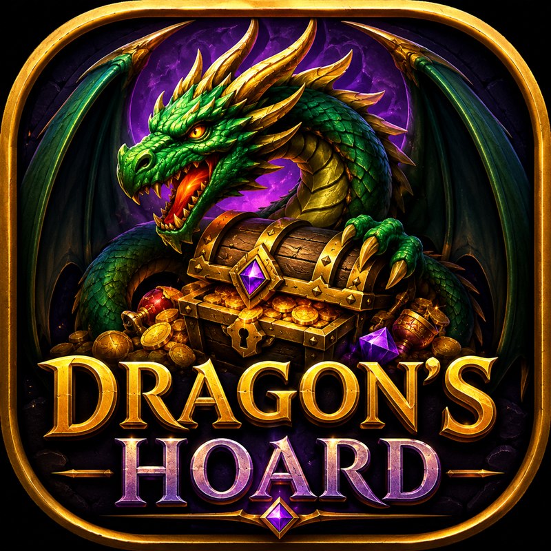 Dragon's Hoard — a green dragon coiled around a treasure chest of gold coins