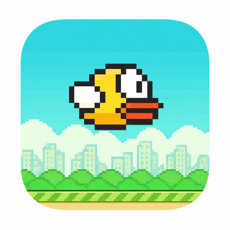 Flappy app icon — a pixel-art yellow bird in a blue sky over a city skyline